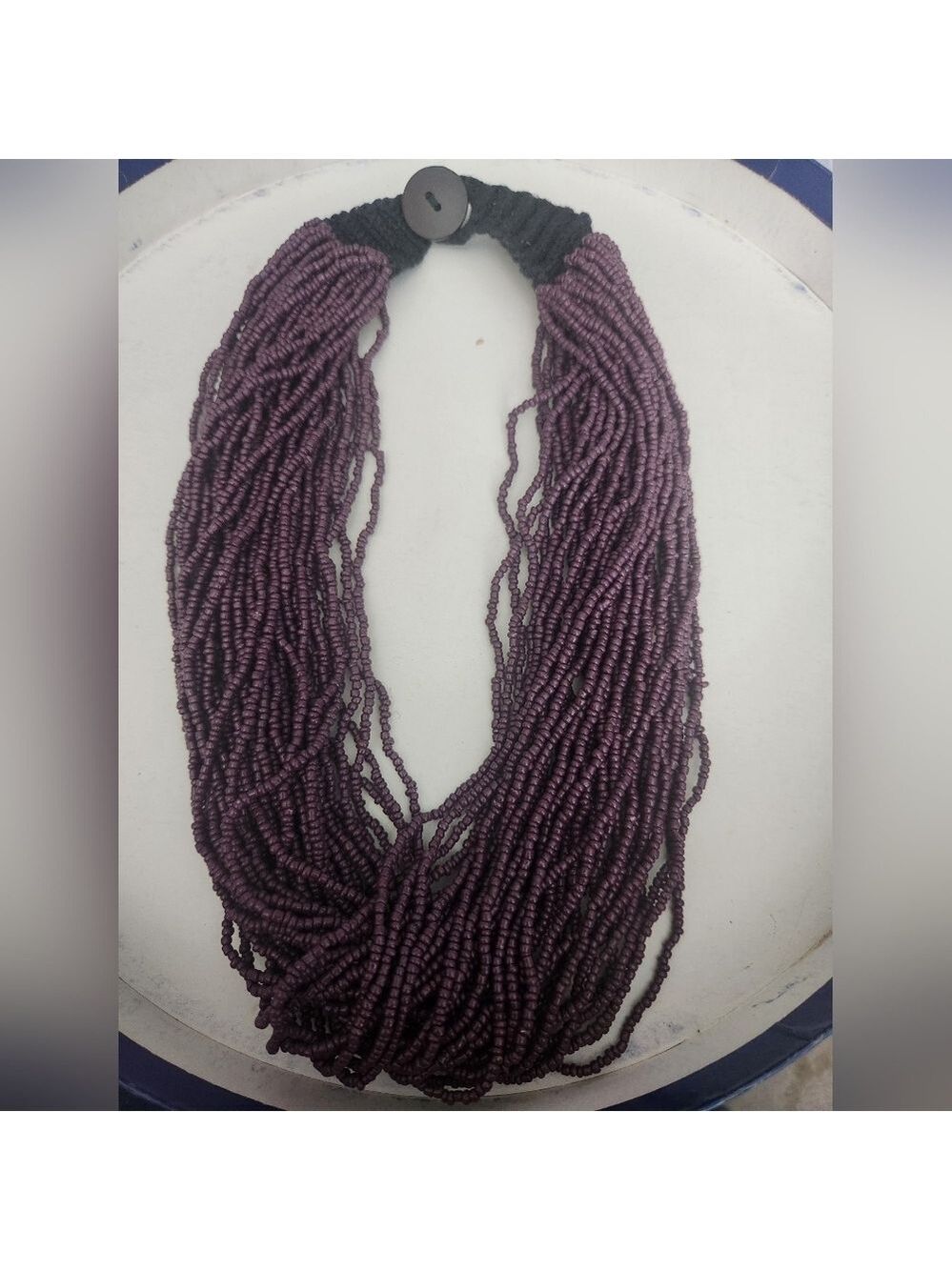 Vtg purple 40 strand seed bead torsade with button closure and crocheted